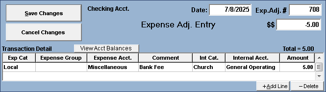Expense Adjustment for Bank Fee Example