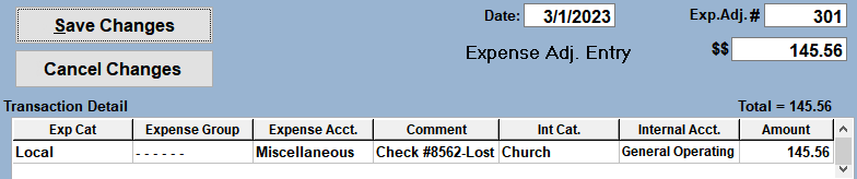 Expense Adjustment entry for a lost, voided, or never cashed check.