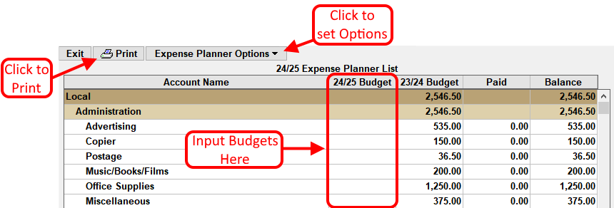 Expense Planning Report Options